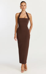 Salome Midi Dress - Halter Neck Column Dress in Chocolate