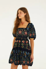 Navy Blue Stitched Garden Organic Cotton Mini Dress