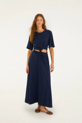 Dark Blue Cut-Out Short Sleeve Maxi Dress