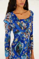 Blue Mystical Draped Long Sleeve Maxi Dress