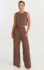 Valencia Two Piece Top and Pants Set - Button Front Vest and High Waisted Pants Set in Mocha