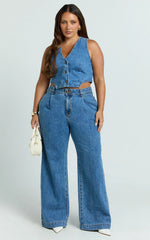 Fergie Top - Denim Crop Vest Top in Mid Blue Wash