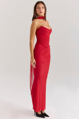 holly red mesh maxi skirt with fluted hem