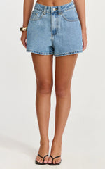 Aria Shorts - High Waisted A Line Denim Shorts in Light Mid Blue Wash