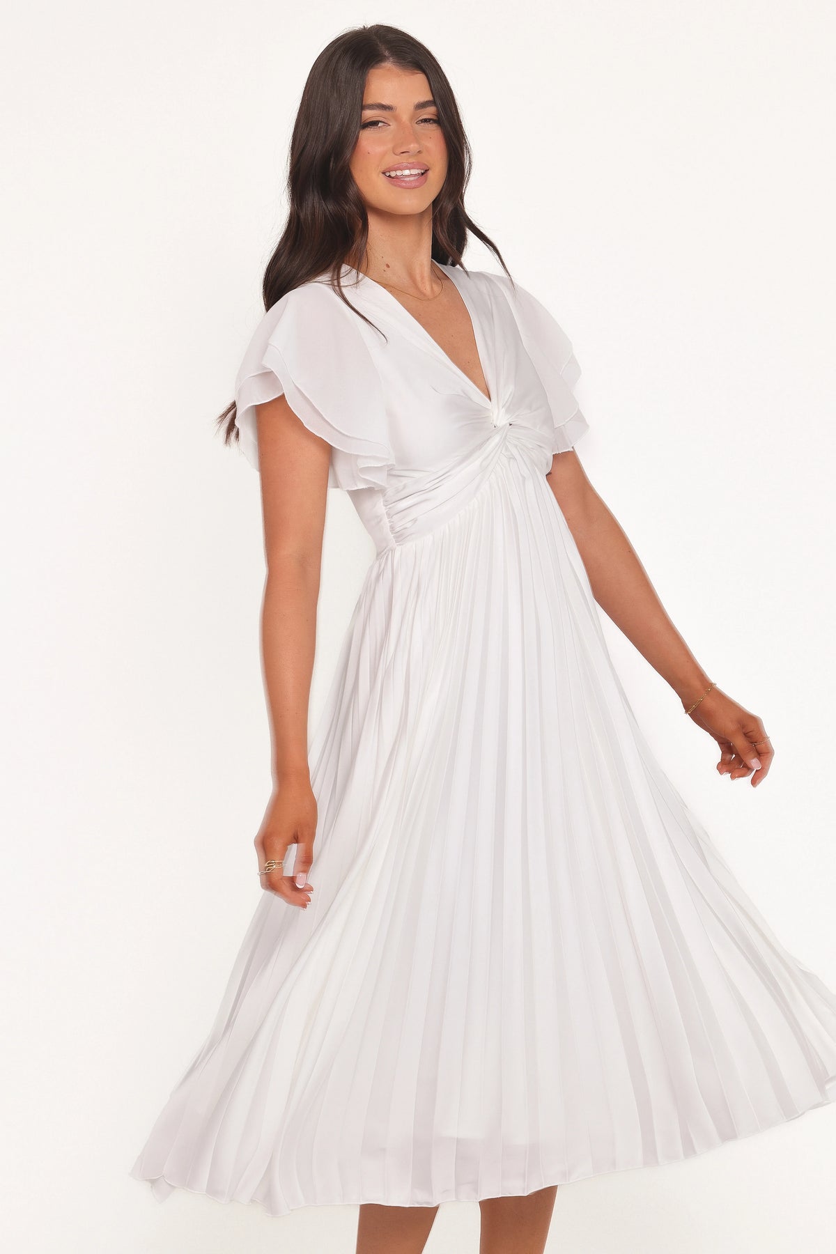 Nova Flutter Sleeve Midi Dress - White