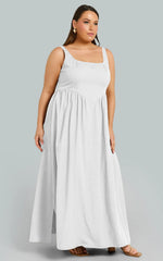 Rhaziya Midi Dress - Sleeveless Straight Neck Fit and Flare Dress in White