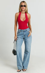 Suzanna Bodysuit - V Neck Halter Bodysuit in Red