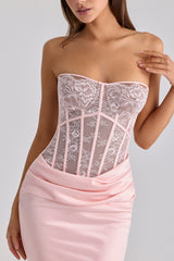 pink lace + satin maxi corset dress