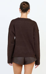 Amanda Top - Crew Neck Long Sleeve Knit Sweater in Chocolate