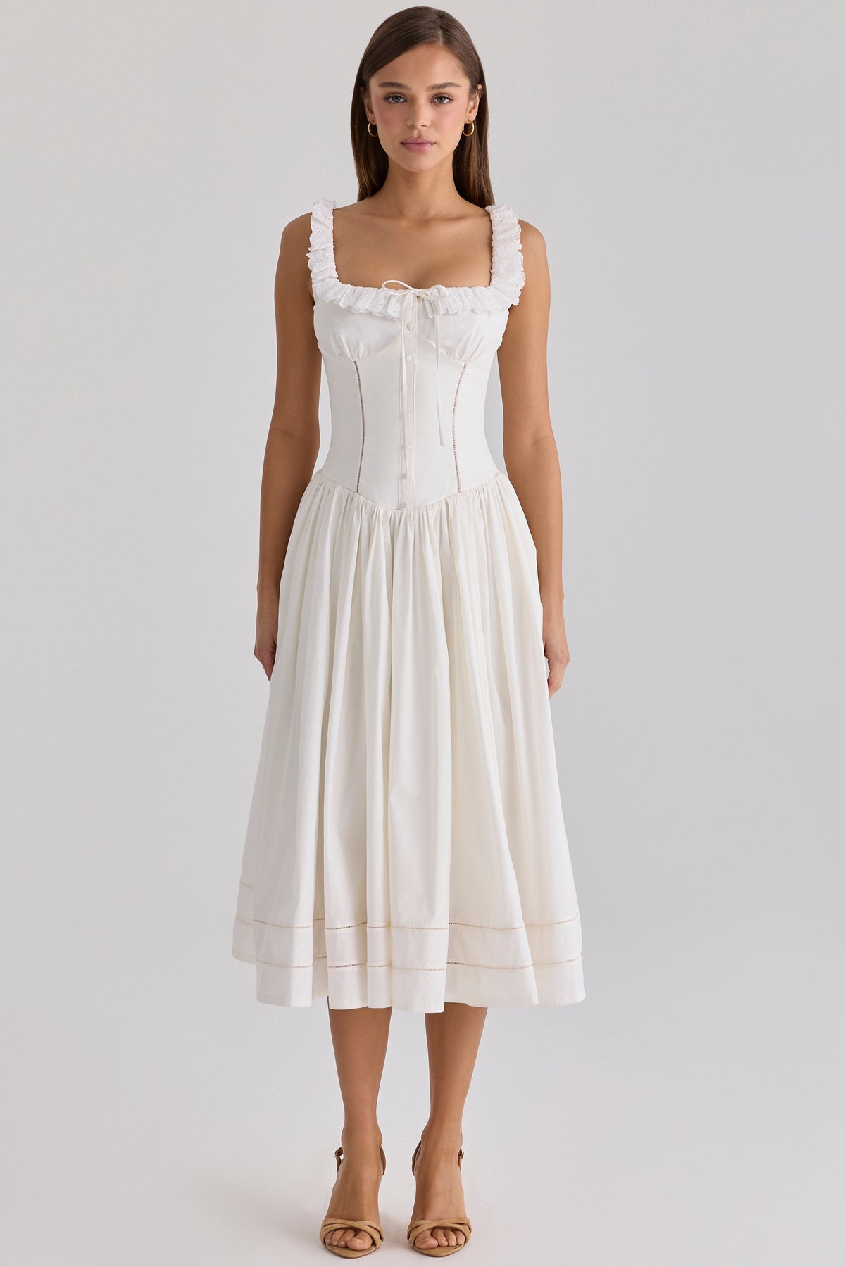 white cotton broderie anglaise trim midi dress