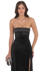 Satin Trim Velvet Strapless Maxi Dress in Black