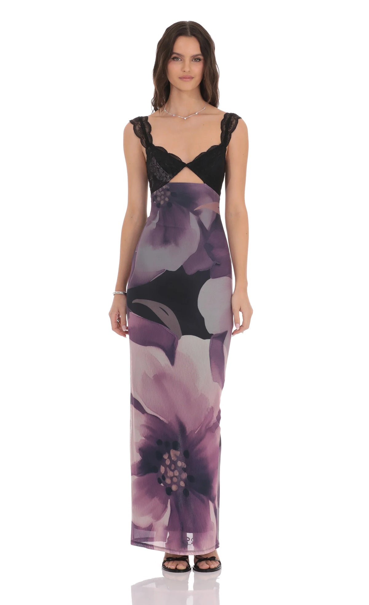Cutout Lace Floral Maxi Dress in Purple
