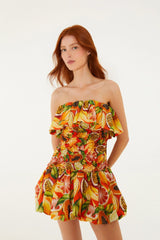 Multicolor Fruit Garden Red Smocked Balloon Mini Dress