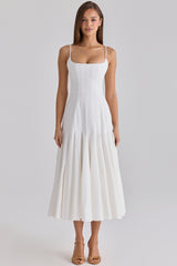 white pleated cotton godet midi dress