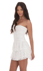 Lace Strapless Ruched Ruffle Dress in White