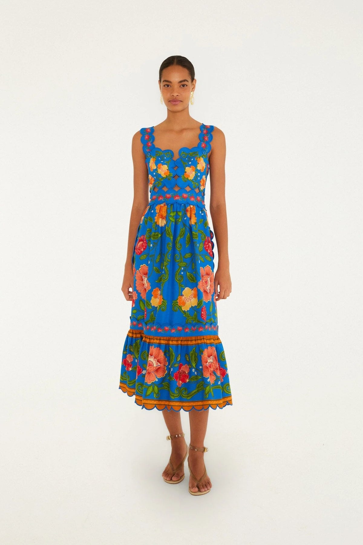 Bright Blue Rococo Flowers Midi Dress