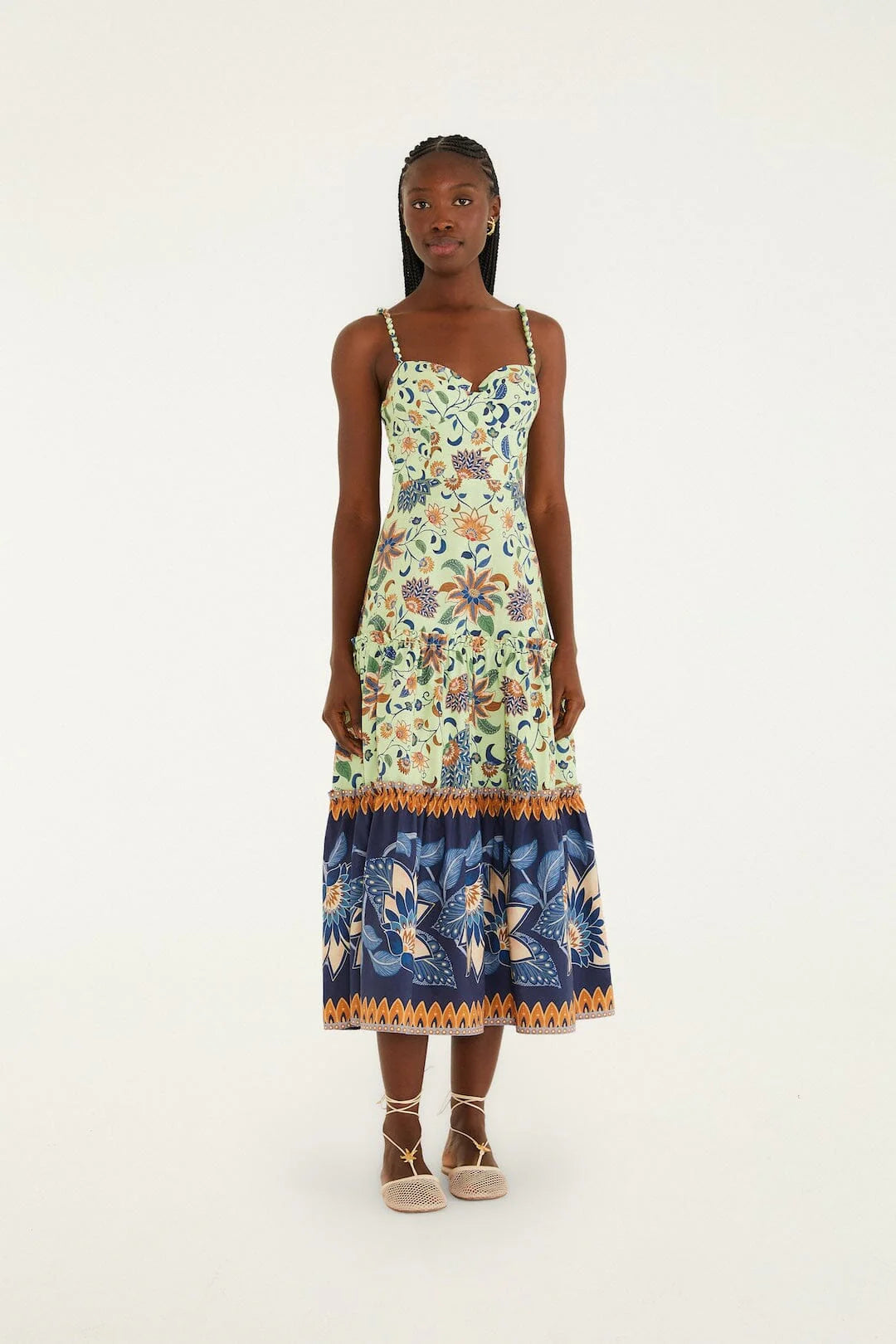 Green Floral Delhi Tapestry Beaded Straps Midi Dress