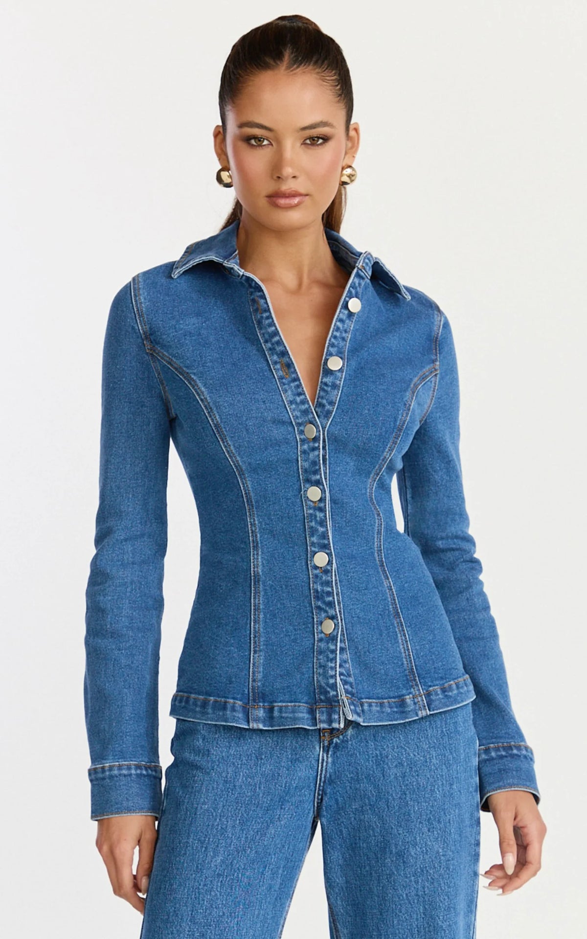Inara Top - Button Down Long Sleeve Fitted Shirt in Dark Blue Wash