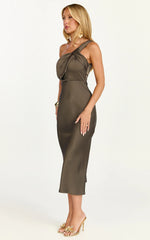 Aria Midi Dress - One Shoulder Twist Detail Satin Bias Cut Dress in Espresso