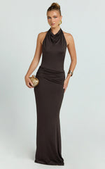 Lizzy Maxi Dress - Backless Ruched Bodycon Dress in Chocolate