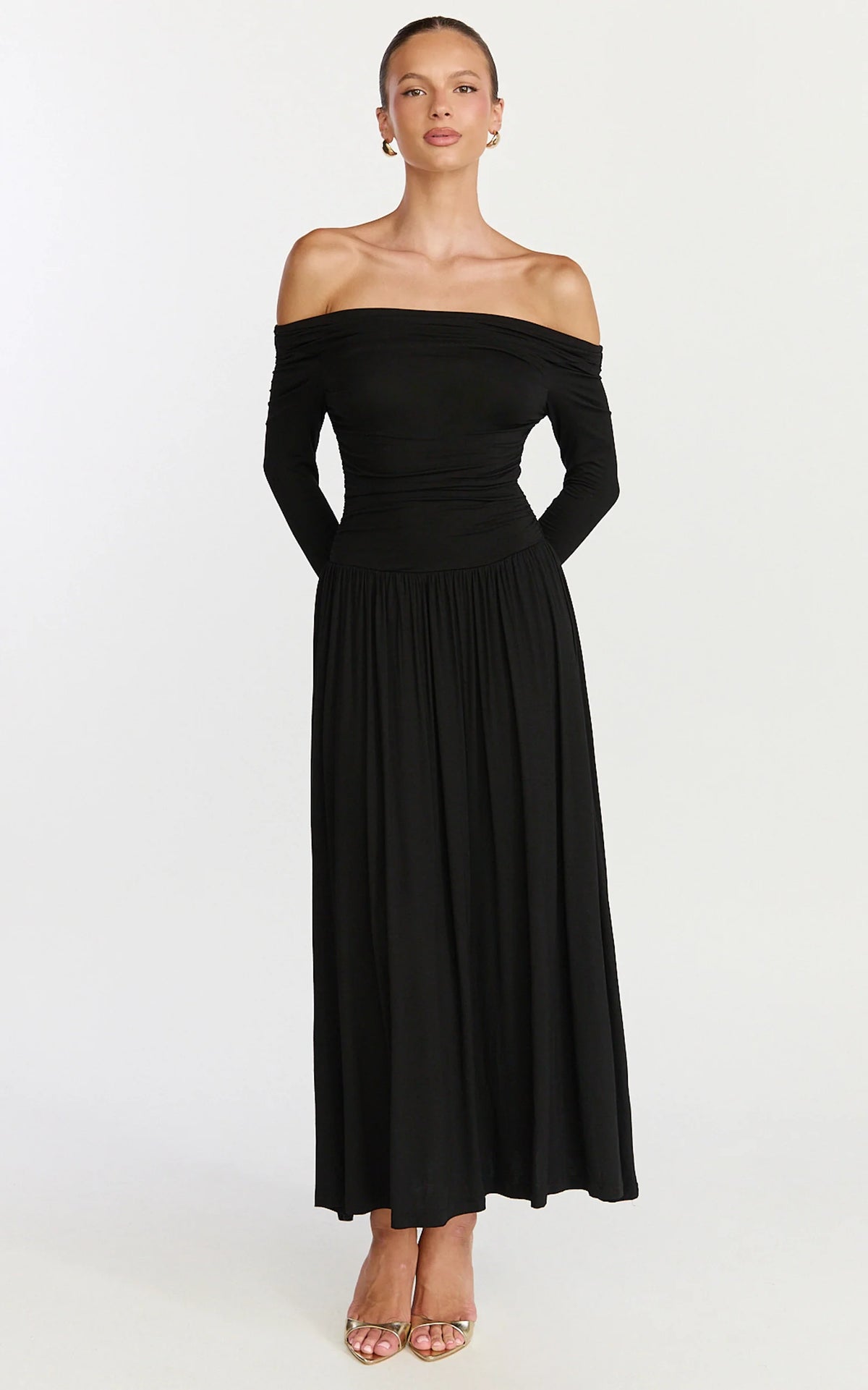 Antonia Midi Dress - Off The Shoulder Long Sleeve Dress in Black