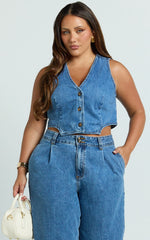 Fergie Top - Denim Crop Vest Top in Mid Blue Wash
