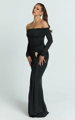 Trish Maxi Dress - Off Shoulder Hardware Trim Bodycon Dress in Black