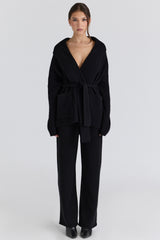black pure wool draped front cardigan
