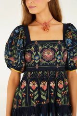 Navy Blue Stitched Garden Organic Cotton Mini Dress