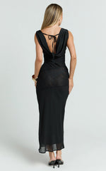 Nova Midi Dress - Lace Cowl Neck Tie Back Dress in Black