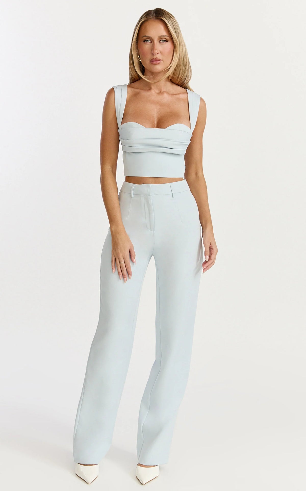 Kenna Two Piece Set - Gathered Bust Top And High Waist Straight Leg Pants Set in Baby Blue