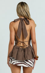 Jameela Top - Halter Neck Tie Back Gathered Top in Chocolate