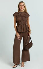 Auric Two Piece Set - Ruched Detail Top and Wide Leg Pants Set in Brown