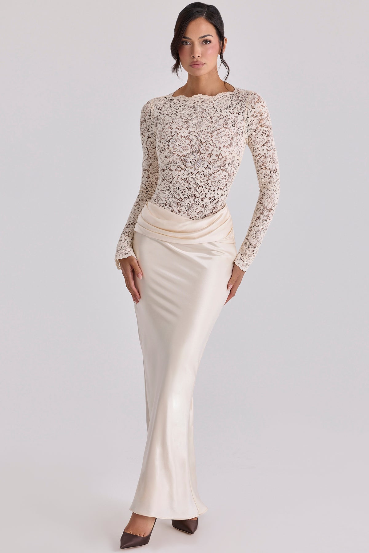 vintage ivory satin draped maxi skirt