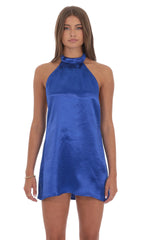 Satin Halter Shift Dress in Royal Blue