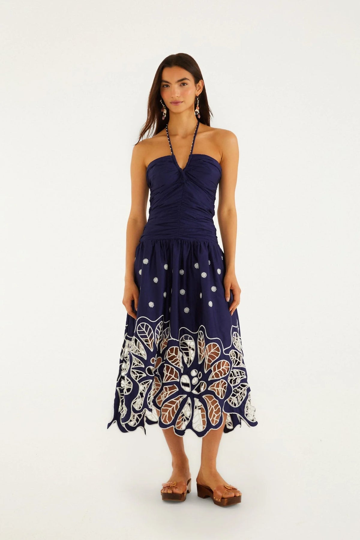 Navy Blue Embroidered Richelieu Midi Dress