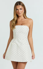Benson Playsuit - Strapless Fit and Flare Playsuit in White Polka Dot
