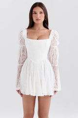 white lace puff sleeve mini dress