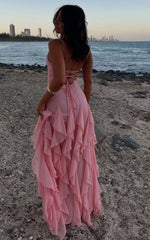 Maeve Maxi Dress - V Neck Ruffle Tier Slip Dress in Pink