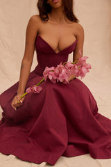wine strapless midi dress