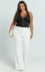 Walton Vest - Halter Neck Button Down Crop Recycled Denim Vest in Clean Black Wash Panel
