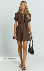 Hattie Mini Dress - Tie Front Puff Sleeve Dress in Chocolate