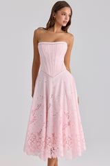 pink strapless custom lace + broderie anglaise midi dress