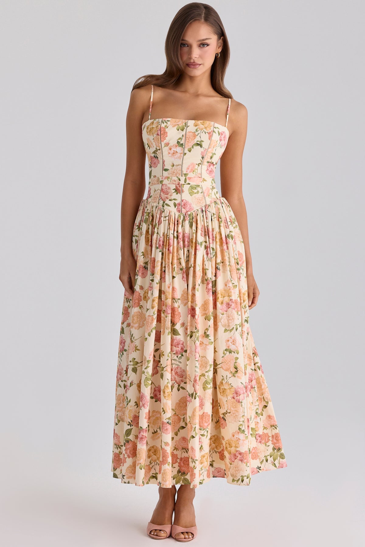warm rose print cotton midi sundress