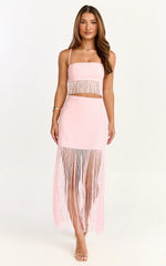 Evie Two Piece Top and Skirt Set - Fringed Micro Top And Tiered Fringed Mini Skirt in Pink