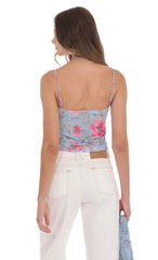 Mesh Floral Front Tassel Top in Blue