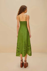 Green Monstera Embroidered Midi Dress