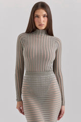 grey velour sheer striped bodysuit