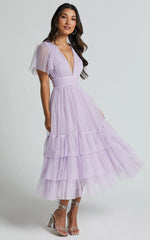 Jiraye Midi Dress - Flutter Sleeve Tuelle Plunge Dress in Lilac