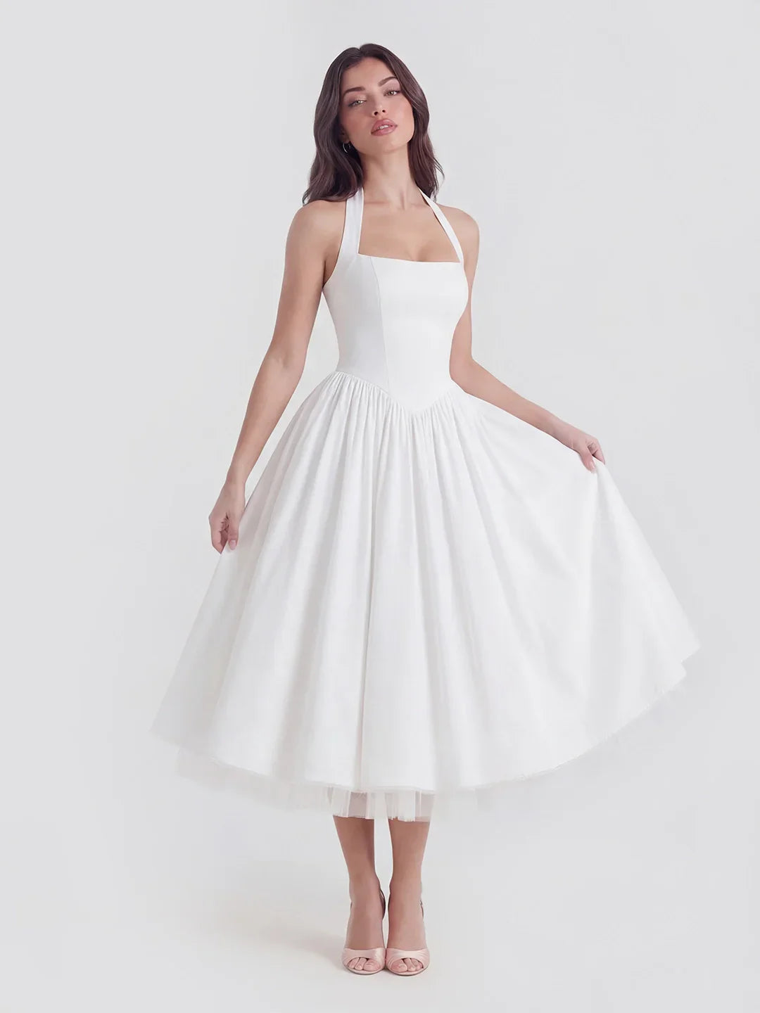 Lace-Up Halter Midi with Exposed Tulle Hem